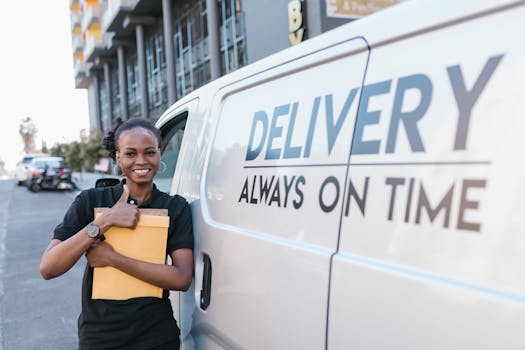 pexels-photo-7363202-7363202 A cheerful delivery woman standing by a van with a parcel, ready for delivery.